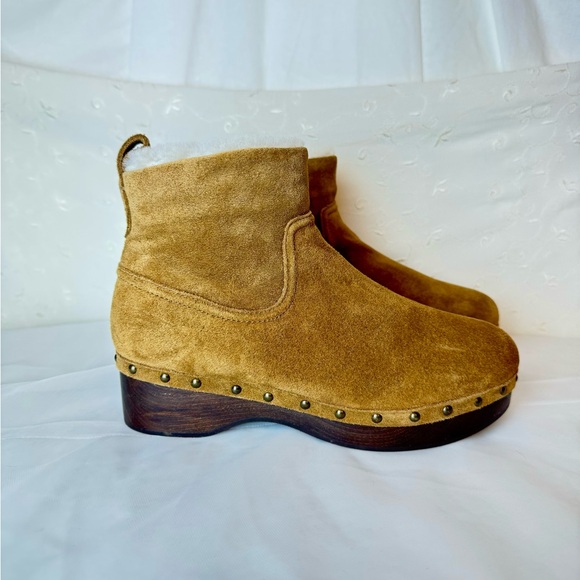 Cute Madewell Caramel Tan Leather Shearling Lined wooden block heel ankle boots - Picture 1 of 8